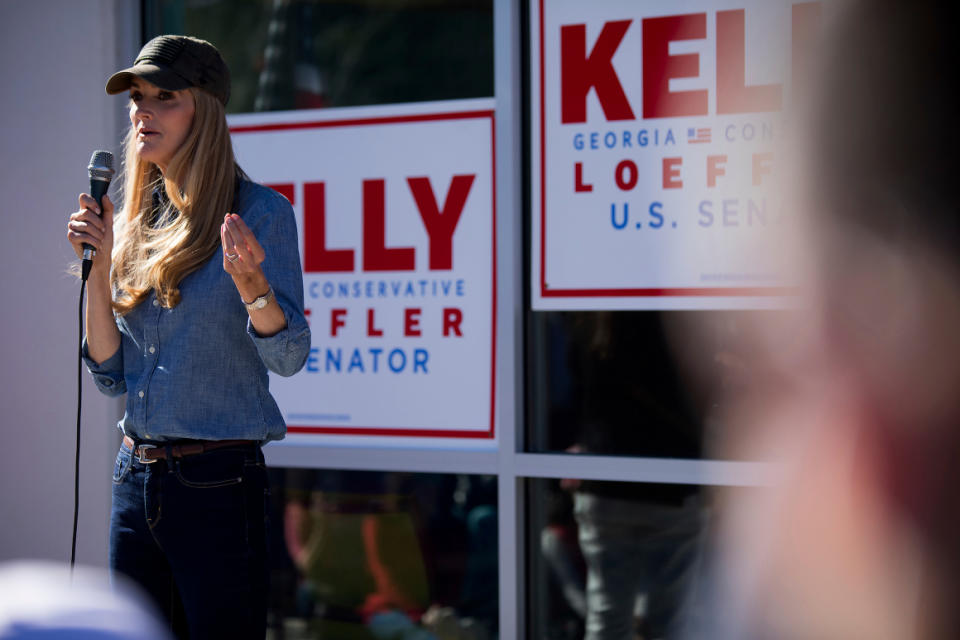 Georgia Sen. Kelly Loeffler speaks during a campaign rally, Saturday, Nov. 28, 2020 in Ringgold, Ga.