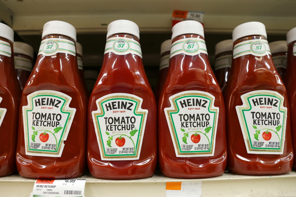 Bottles of Heinz Tomato Ketchup, a brand owned by The Kraft Heinz Company, are seen in a store in Manhattan, New York, U.S., November 11, 2021. Picture taken November 11, 2021. REUTERS/Andrew Kelly