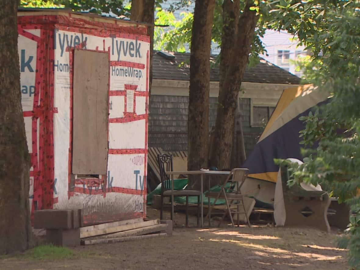 There are still several tents and structures set up at Meagher Park on the corner of Chebucto and Dublin.  (Patrick Callaghan/ CBC - image credit)