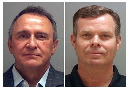 A combination photo shows Utah's former attorneys general Mark Shurtleff (L) and John Swallow in police booking photos in Salt Lake City July 15, 2014. REUTERS/Salt Lake County Sheriff's Office/Handout via Reuters