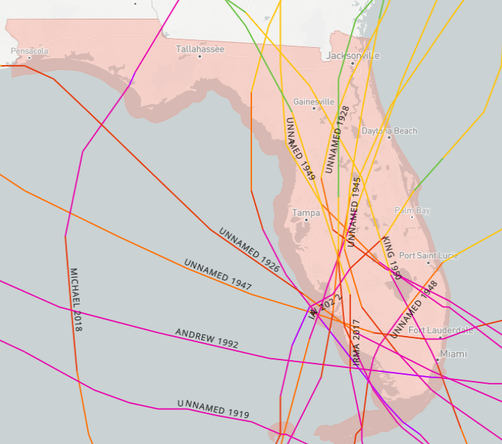 Category 4 hurricanes that have impacted Florida 1842-2022.