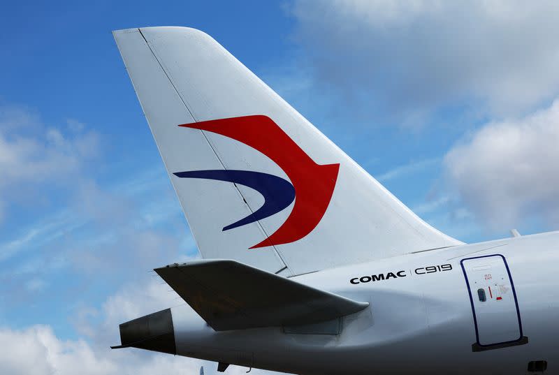 A Comac C919 is displayed during the Singapore Airshow at Changi Exhibition Centre in Singapore