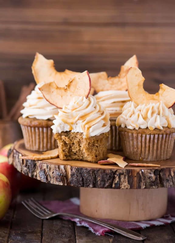 <p>The First Year</p><p>Applesauce cupcakes with spices like cinnamon, cloves and allspice topped with salted caramel frosting.</p><p><strong>Get the recipe:</strong> <a href="https://thefirstyearblog.com/apple-spice-cupcakes/" rel="nofollow noopener" target="_blank" data-ylk="slk:Apple Spice Cupcakes;elm:context_link;itc:0;sec:content-canvas" class="link rapid-noclick-resp"><strong>Apple Spice Cupcakes</strong></a></p>