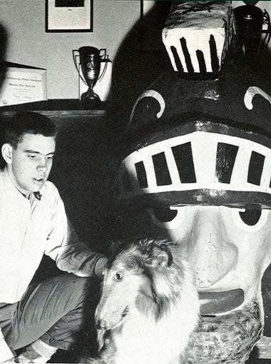 Cyrus Stewart with the Sparty head he wore to football games as a Michigan State University Student.