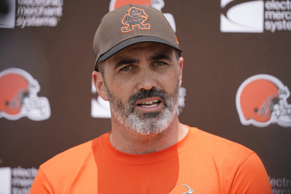Cleveland Browns head coach Kevin Stefanski answers a question during a news conference following NFL football practice, Wednesday, May 24, 2023, in Berea, Ohio. (AP Photo/Sue Ogrocki)