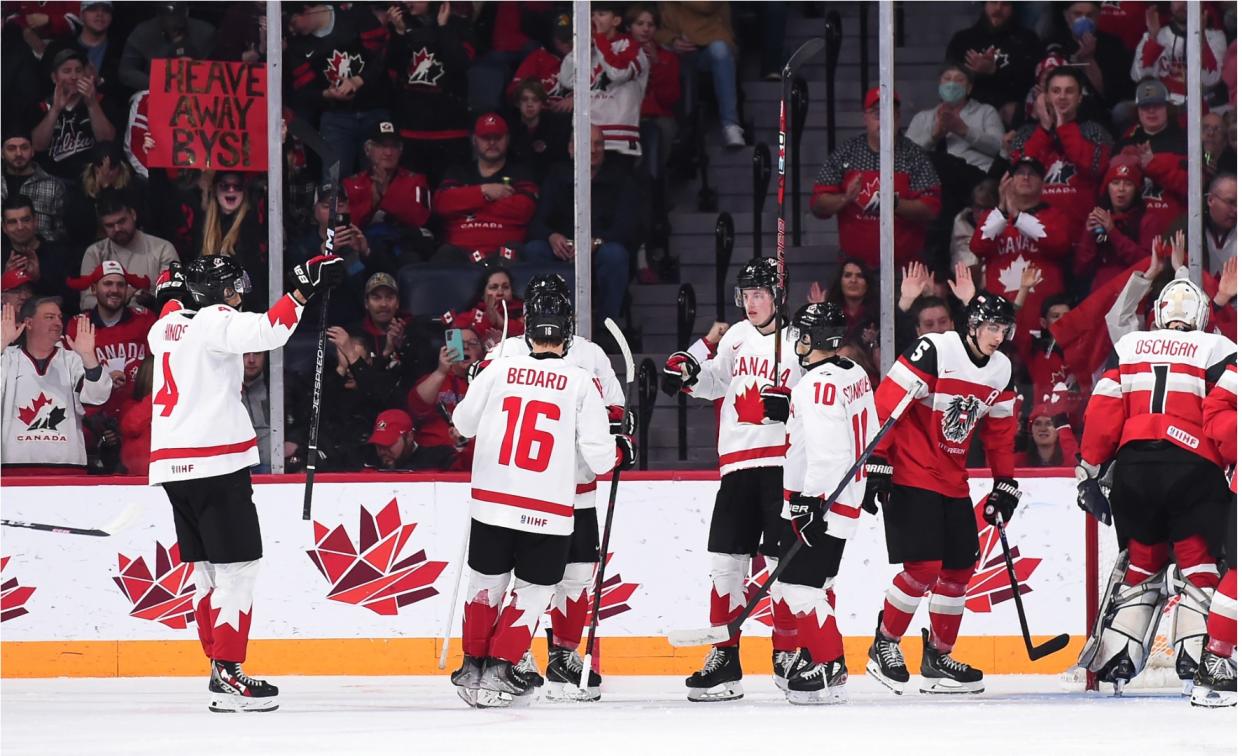 Connor Bedard tied the Canadian record for most goals in the World Juniors as he led Canada to a comfortable 11-0 win over Austria on Thursday. (Photo via IIHF)