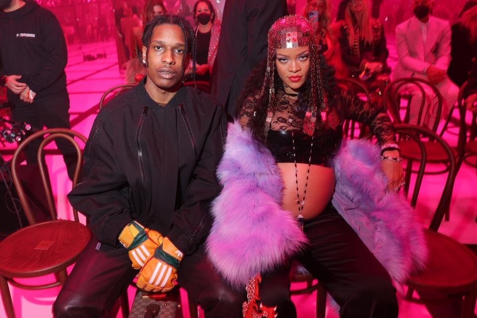 A$AP Rocky and Rihanna attend the Gucci show during Milan Fashion Week on Feb. 25.