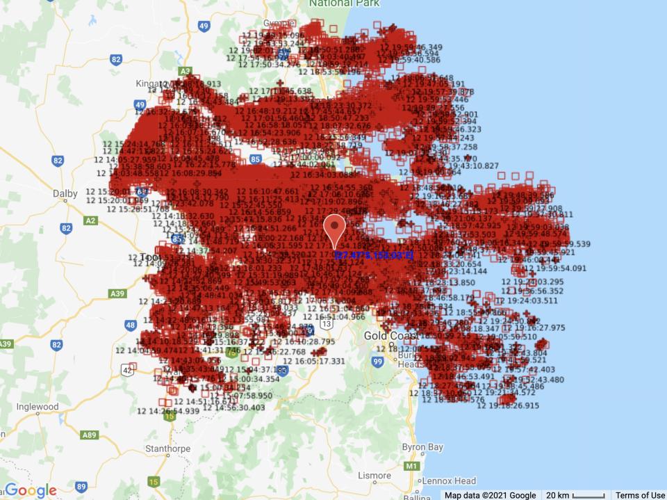 A map showing lightning strikes detected around Brisbane between 4pm and 8pm on Wednesday.