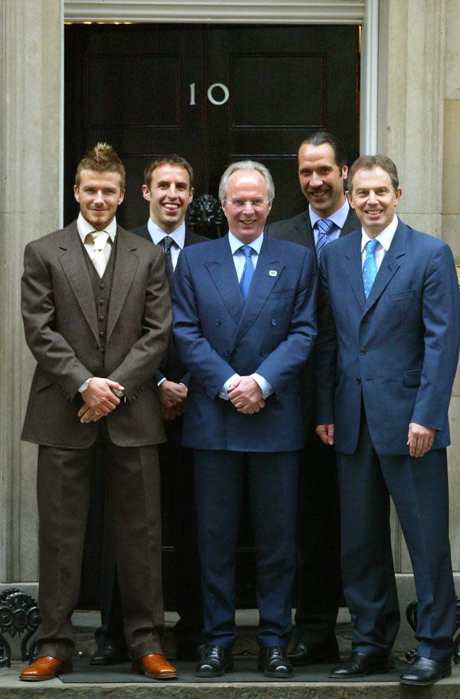 Gareth Souhtgate (second left), David Beckham, Sven-Goran Eriksson, David Seaman and then prime -minister Tony Blair outside No 10 Downing Street