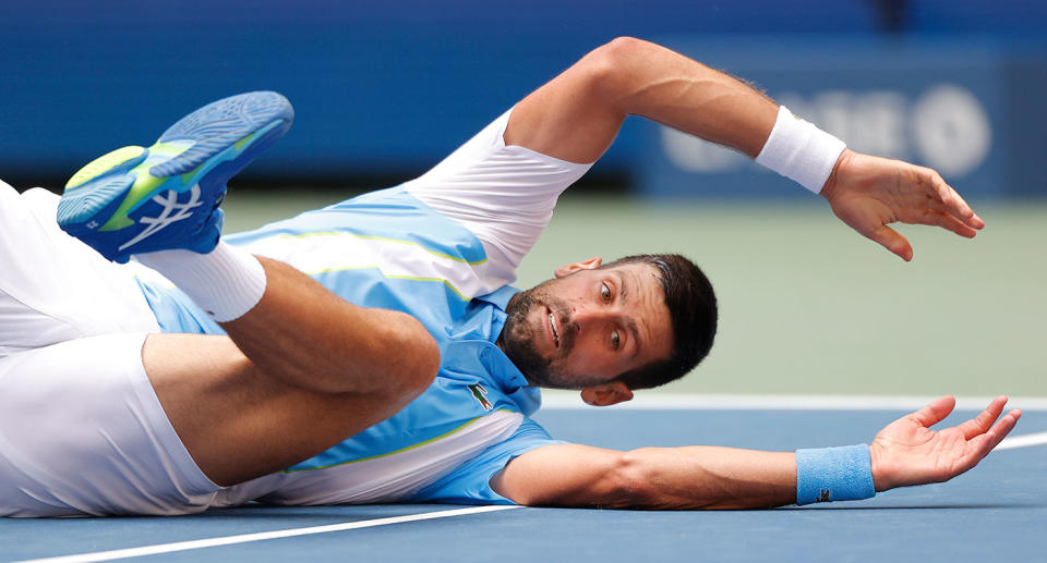 Seen here, Novak Djokovic suffers a nasty tumble in his second round win at the US Open. 