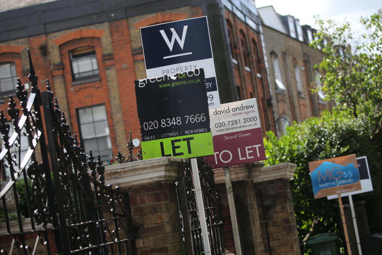 A row of To Let estate agent signs placed outside houses in north London. Chancellor Rishi Sunak has confirmed temporary plans to abolish stamp duty on properties up to 500,000 GBP in England and Northern Ireland as part of a package to dull the economic impact of the coronavirus. Picture date: Saturday July 11, 2020.