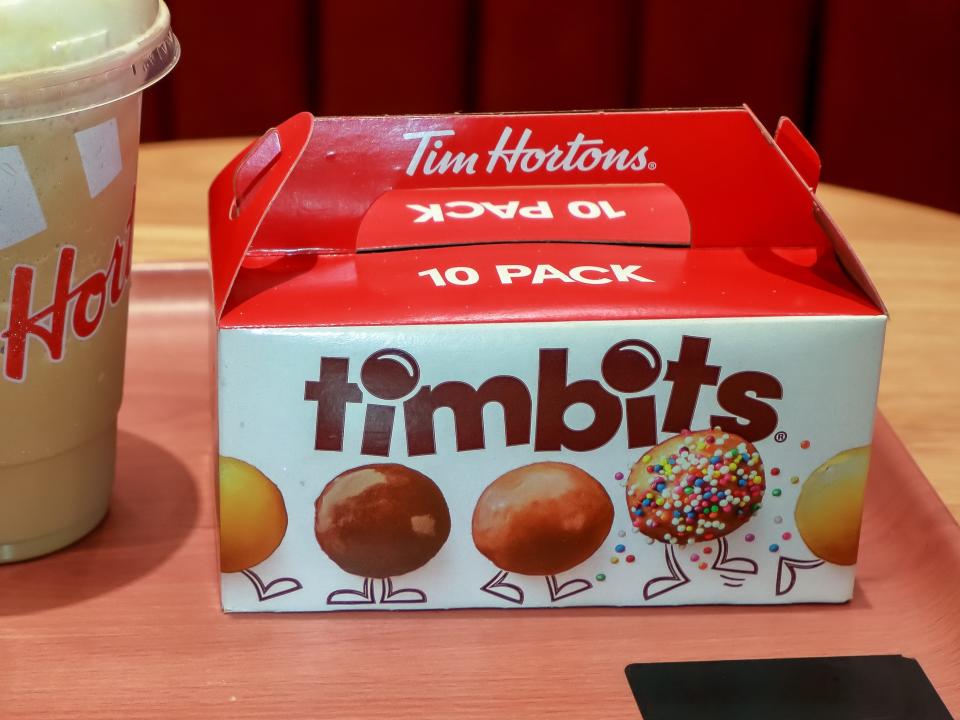 Box of Tim Hortons Timbits on a tray