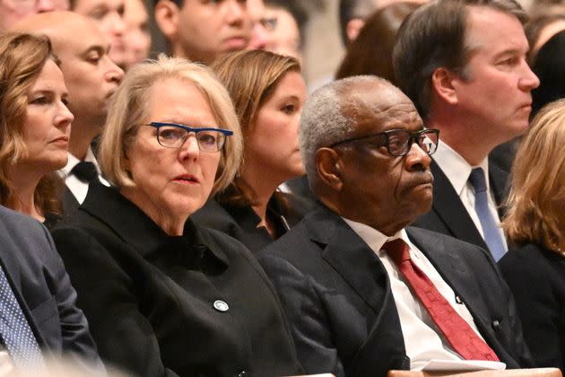 "There have been many violent protests that have interfered with proceedings," Justice Clarence Thomas (right) said. His wife, Ginni Thomas (left), attended the rally that precipitated the Jan. 6 insurrection. <span class="copyright">MANDEL NGAN via Getty Images</span>