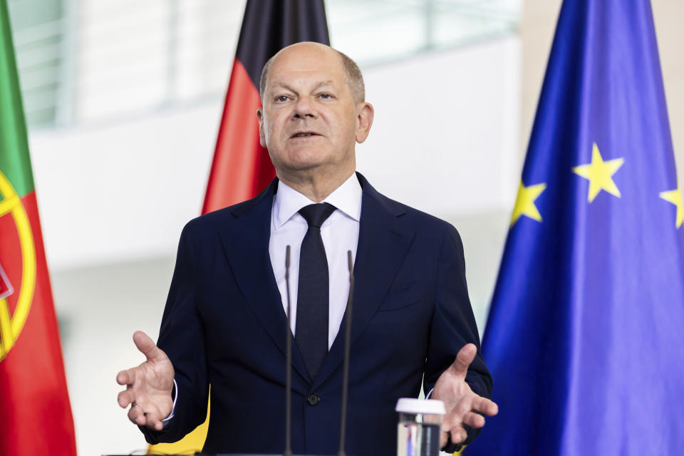 German Chancellor Olaf Scholz takes part in a joint press conference with Prime Minister of Portugal Luis Montenegro following talks at the Federal Chancellery, in Berlin, Friday May 24, 2024. (Christoph Soeder/dpa via AP)