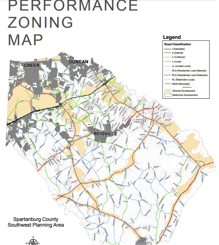 Map shows areas covered by the Spartanburg County's Southwest Performance Zoning Plan adopted nearly three years ago.
