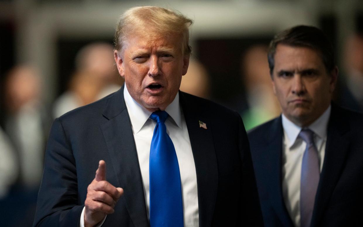 Donald Trump speaks outside the courtroom after a jury convicted him of felony crimes for falsifying business records