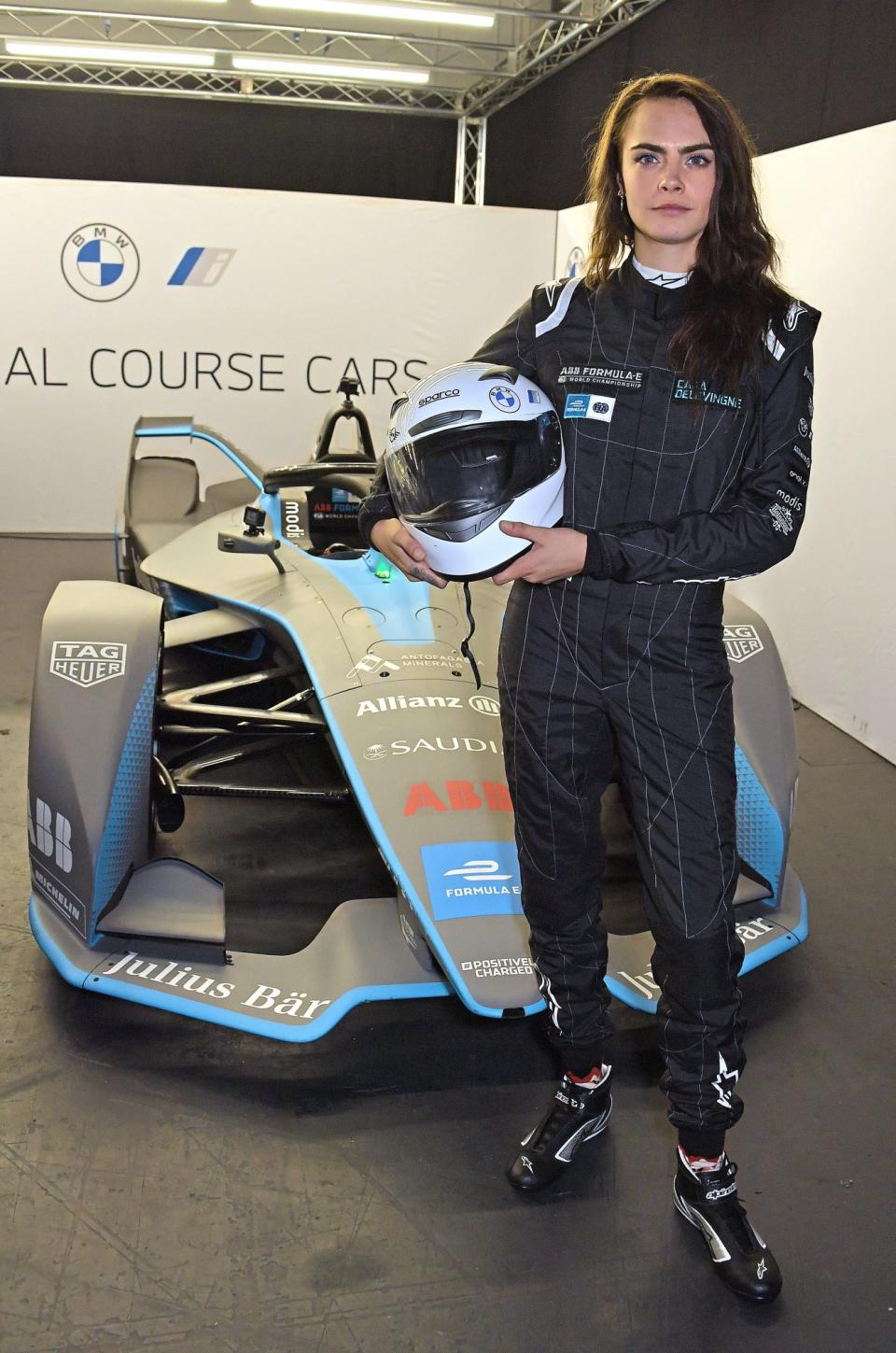 <p>Cara Delevingne poses at the ABB FIA Formula E Heineken London E-Prix at ExCel on July 24 in London.</p>