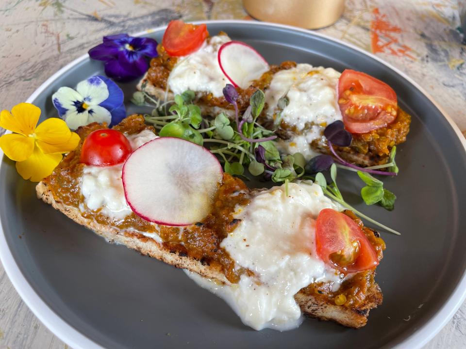 The smoked eggplant burrata at the recently opened Marigold Indian Restaurant in Eastchester makes for a great meatless option. Photographed Jan. 26, 2024