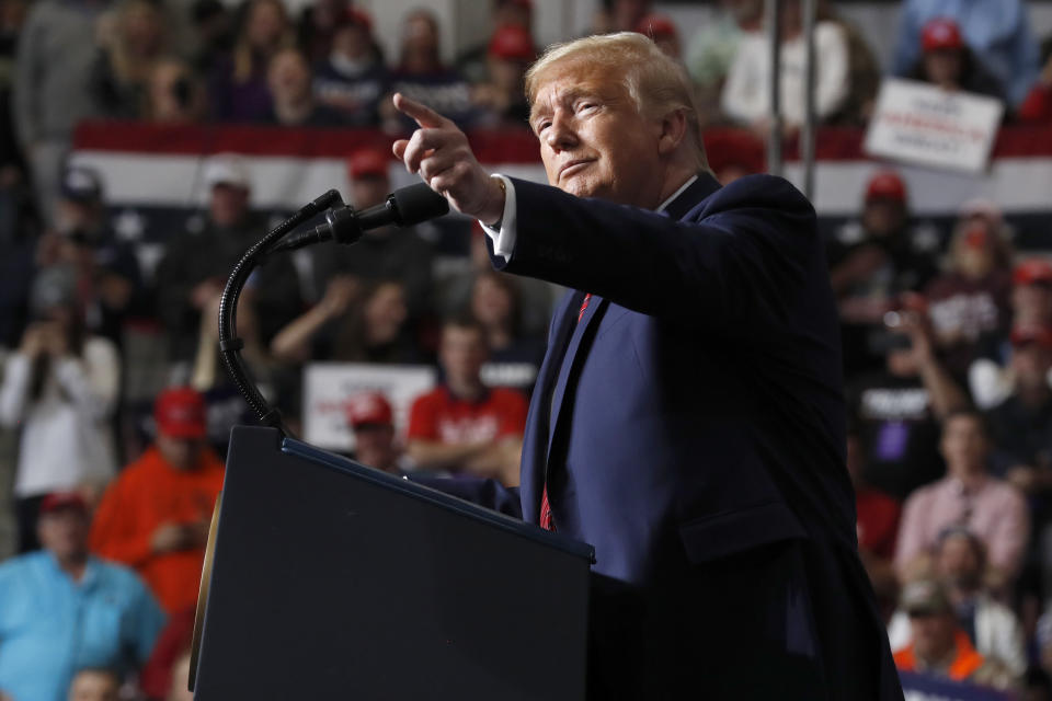 President Donald Trump speaks at a campaign rally in North Charleston, S.C., on Friday, Feb. 28, 2020. (AP Photo/Jacquelyn Martin)