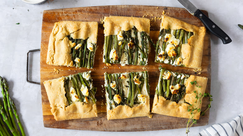 asparagus galette cut on board 