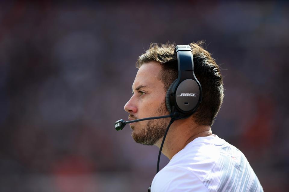 Sep 14, 2014; Cleveland, OH, USA; Cleveland Browns wide receivers coach Mike McDaniel against the New Orleans Saints at FirstEnergy Stadium. The Browns defeated the Saints 26-24. Mandatory Credit: Andrew Weber-USA TODAY Sports