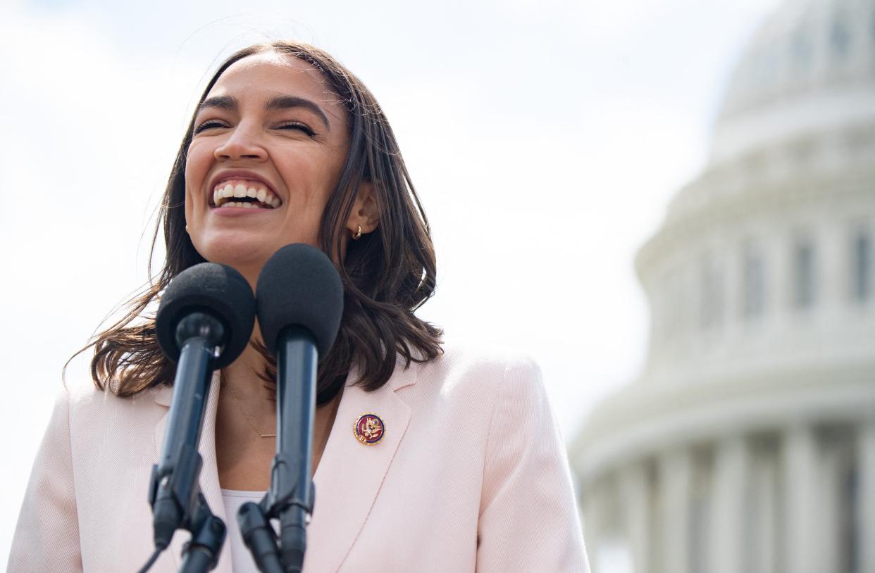 Congresswoman Alexandria Ocasio-Cortez speaks outside of the US Capitol. (AFP via Getty Images)