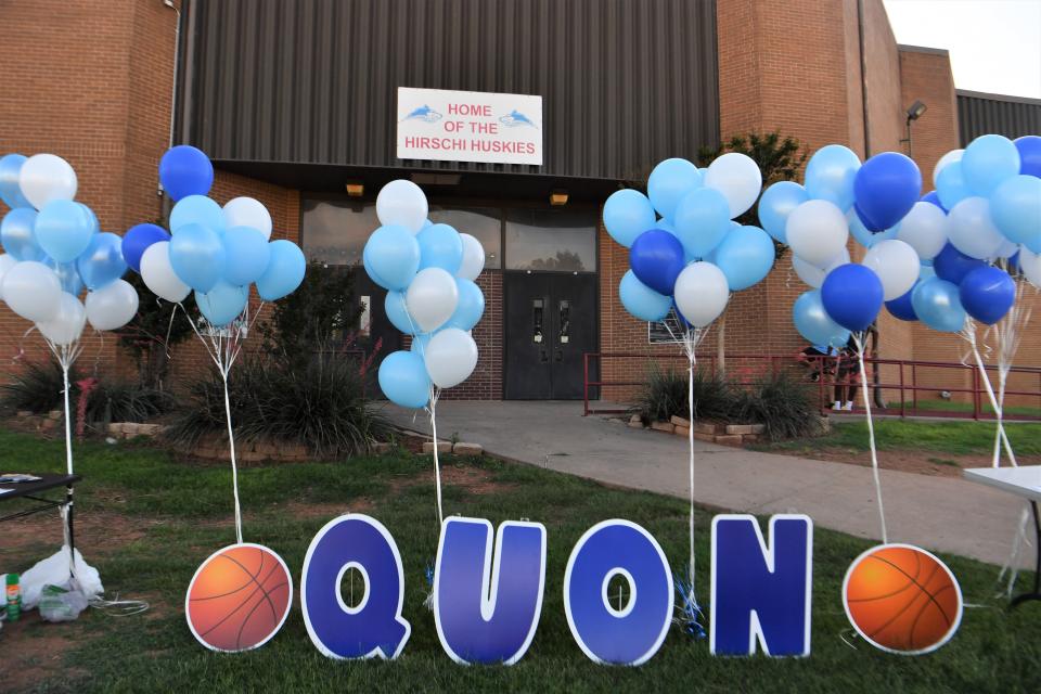 A balloon and letter display honoring Cha'Quon Jeffery on Thursday, June 8, 2023 at the Hirschi Field House parking lot.