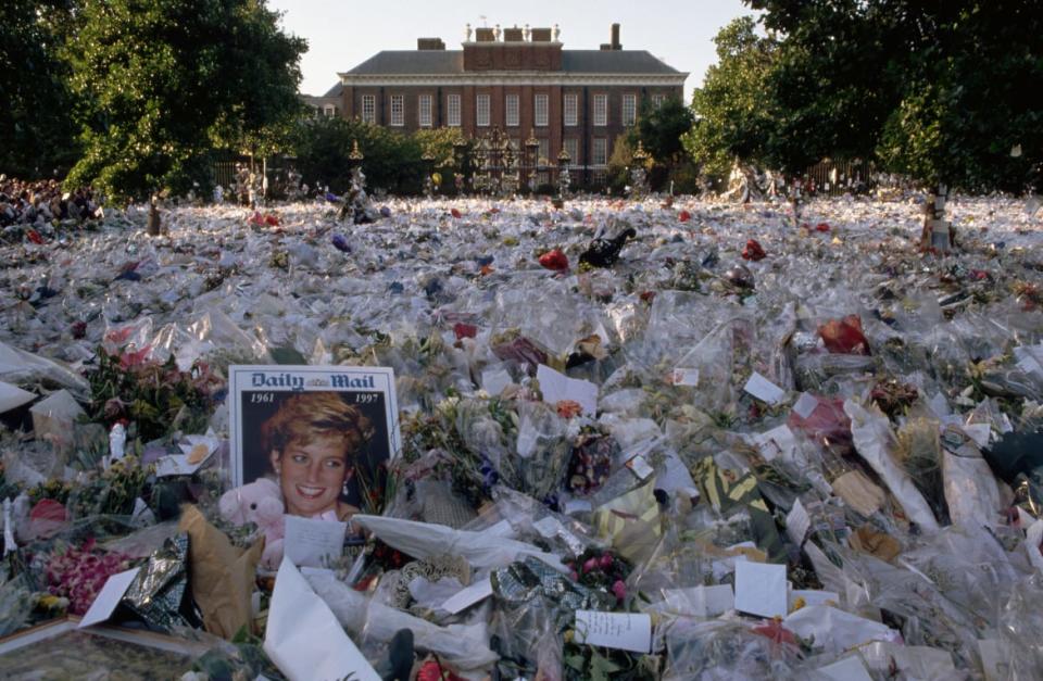 <div class="inline-image__caption"><p>A multi-colored sea of floral tributes to Diana, Princess of Wales, lies outside the gates of her London home.</p></div> <div class="inline-image__credit">Liba Taylor/Getty</div>
