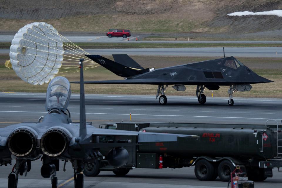 A U.S. Air Force F-117 Nighthawk lands during Northern Edge 23-1 at Joint Base Elmendorf-Richardson, Alaska, May 10, 2023. Northern Edge 23-1 provides an opportunity for joint, multinational and multi-domain operations designed to implement high-end, realistic war fighter training, develop and improve joint interoperability, and enhance the combat readiness of participating forces. (U.S. Air Force photo by Airman 1st Class Julia Lebens)