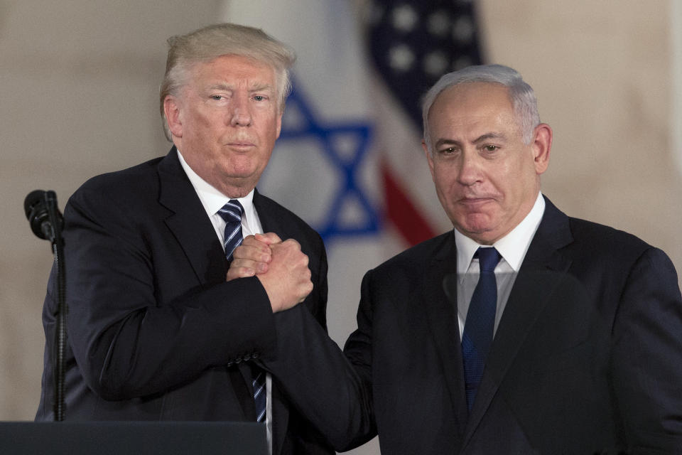 FILE – Then-U.S. President Donald Trump and Israeli Prime Minister Benjamin Netanyahu shake hands at the Israel museum in Jerusalem, Tuesday, May 23, 2017. As chances rise of a Joe Biden-Trump rematch in the U.S. presidential election race, Itamar Ben-Gvir, Israel’s far-right national security minister, recently said Biden was not giving Israel his “full backing” and that “if Trump was in power, the U.S. conduct would be completely different.” (AP Photo/Sebastian Scheiner, File)