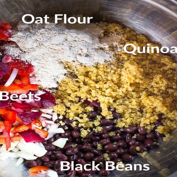 Ingredients for beet burgers in a mixing bowl.