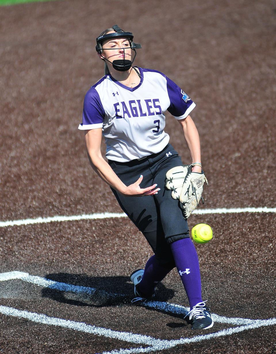 Ashland University’s Karis Weirich hurls a pitch to Ferris State University during softball action Tuesday, April 11, 2023 at Ashland University’s Deb Miller Field at Archer Ballpark Complex.