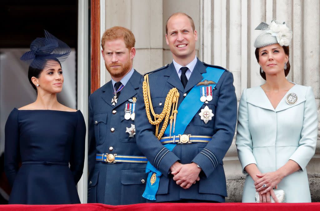 london, united kingdom july 10 embargoed for publication in uk newspapers until 24 hours after create date and time meghan, duchess of sussex, prince harry, duke of sussex, prince william, duke of cambridge and catherine, duchess of cambridge watch a flypast to mark the centenary of the royal air force from the balcony of buckingham palace on july 10, 2018 in london, england the 100th birthday of the raf, which was founded on on 1 april 1918, was marked with a centenary parade with the presentation of a new queens colour and flypast of 100 aircraft over buckingham palace photo by max mumbyindigogetty images