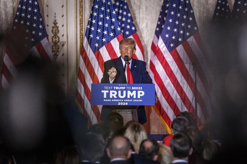 The 45th President Donald J. Trump speaks at his media event in the ballroom at Mar-a-Lago in Palm Beach, Fla., on November 15, 2022. He announced that he will run for president again in 2024. 