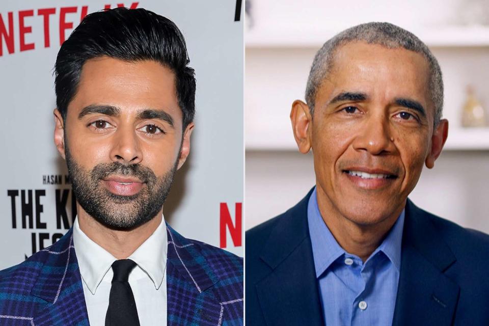 <p>Matt Winkelmeyer/Getty, Getty for EIF & XQ</p> Hasan Minhaj and Barack Obama