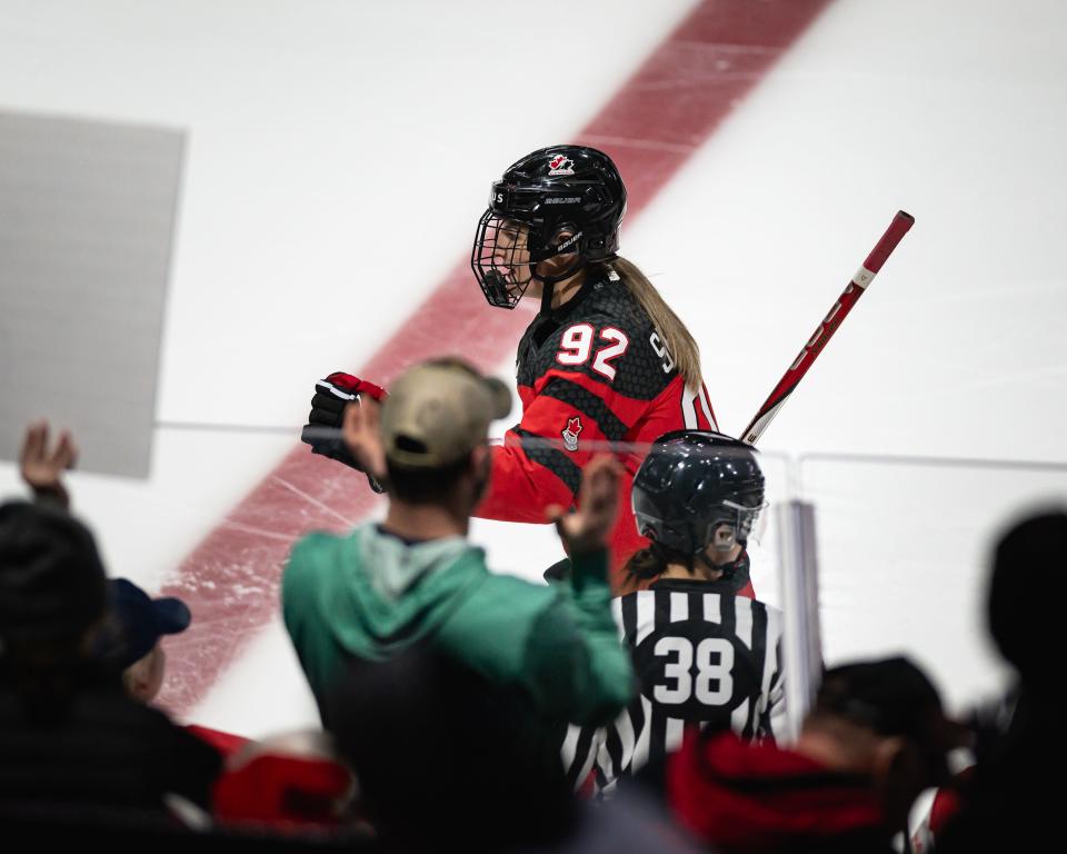 Canada's Danielle Serdachny celebrates after scoring against Czechia at the Adirondack Bank Center  Sunday.