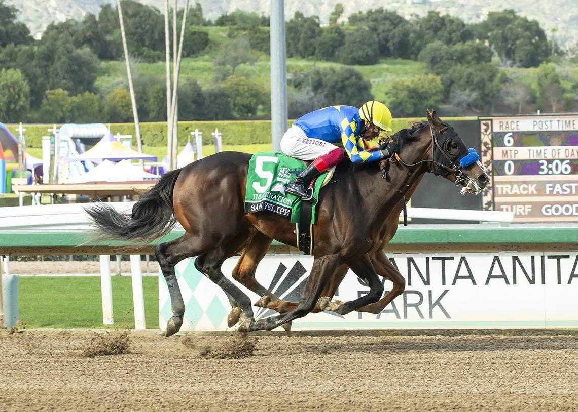 Frankie Dettori rode Imagination to victory in the San Felipe Stakes at Santa Anita on March 3. Dettori, arguably the world’s most famous jockey, has won races in at least 24 different countries.