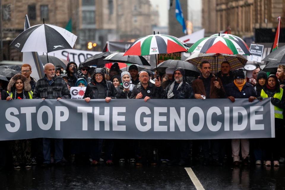 Protesters march through the city during the national protest to demand a ceasefire in the Israel-Hamas war on 18 November 2023 in Glasgow, United Kingdom. Voices across the world calling for a ceasefire in Gaza continue to grow as the IDF pushes deeper into Gaza warning people to move south and evacuation orders are issued for the al Shifa hospital. (Getty Images)