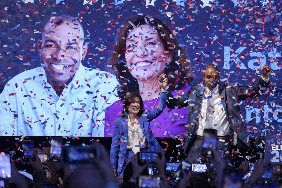 New York Gov. Kathy Hochul stands with Lt. Gov. Antonio Delgado during their election-night party Tuesday, Nov. 8, 2022, in New York. (AP Photo/Mary Altaffer)