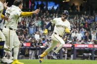 Milwaukee Brewers' Joey Ortiz reacts after hitting a walk off RBI single during the 11th inning of a baseball game against the New York Yankees Friday, April 26, 2024, in Milwaukee. (AP Photo/Morry Gash)