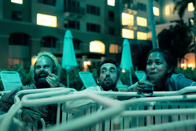 (l-r) Ben Sinclair as Alex, Luis Gerardo Mendez as Baltasar, Gabriela Cartol as Luna in The Resort Season 1 Episode 4