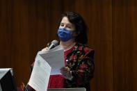 Rep. Mitzi Epstein, D-Tempe, speaks during a vote on part of the Arizona budget, SB1828 on taxation, at the Arizona Capitol Thursday, June 24, 2021, in Phoenix. (AP Photo/Ross D. Franklin)