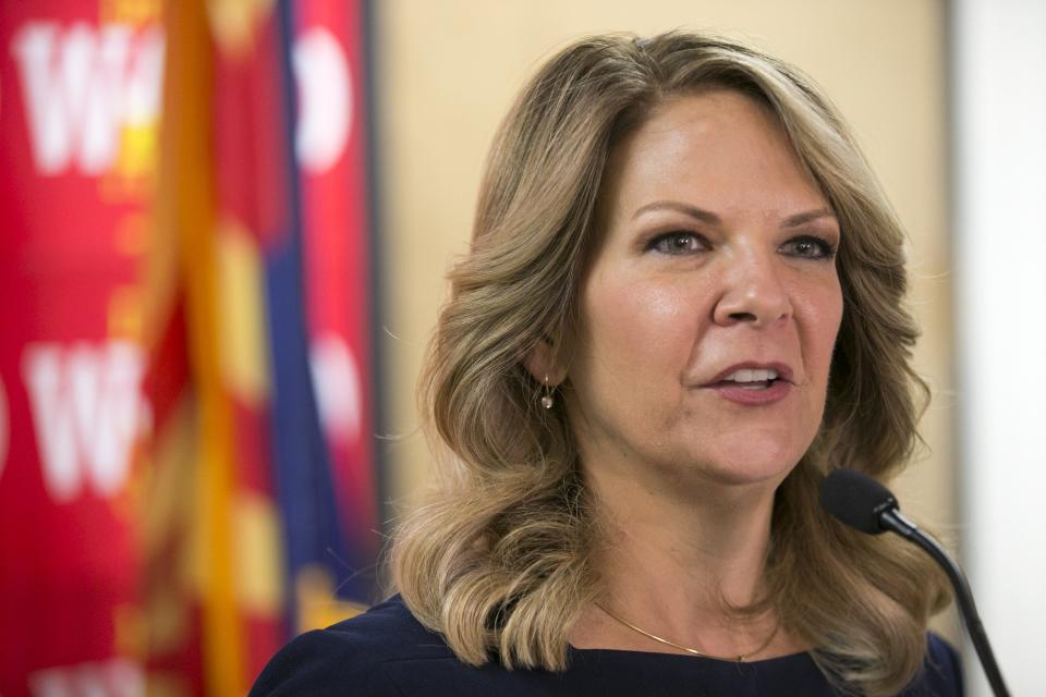 Dr. Kelli Ward, who is vying for the GOP U.S. Senate nomination, addresses the media at her campaign headquarters in Tempe on Aug. 27, 2018.