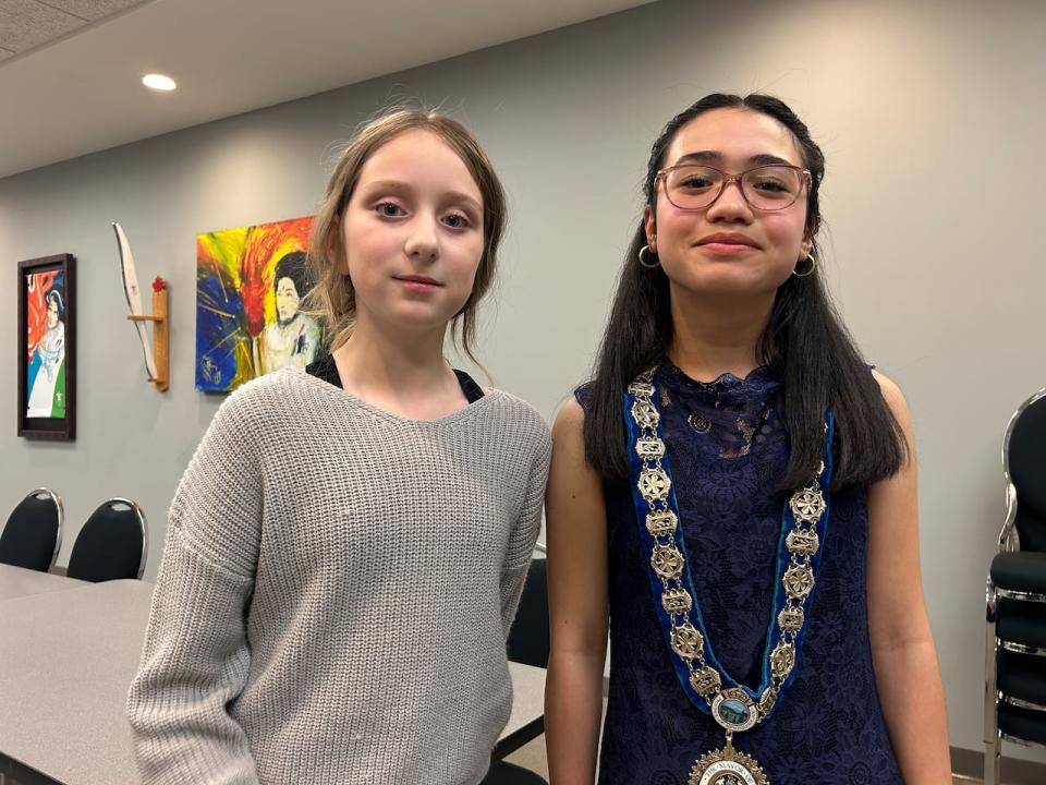 Jae-Ana Watkins, left, and Kenna Mangosing were chosen to be deputy mayor and mayor respectively. They said they had fun being councillors and learned a lot.