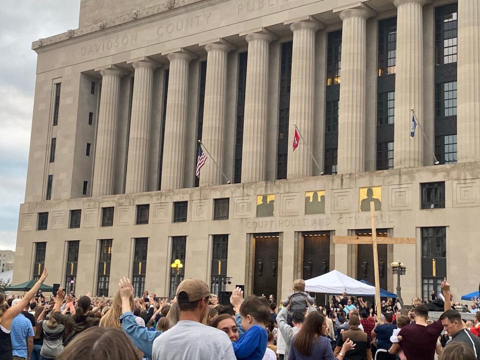 A photo from an attendee shows a crowd gathered for a "worship protest" led by Sean Feucht in Nashville on Sunday, Oct. 11, 2020.