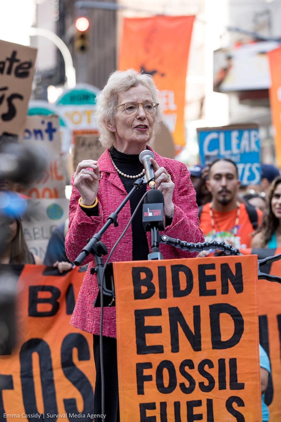 Mary Robinson speaks on Sunday, September 17, 2023, to the thousands of people gathered for the March to End Fossil Fuels in New York City. The march was part of a mass global escalation to end fossil fuels, with mobilizations occurring around the world (Emma Cassidy, Survival Media)