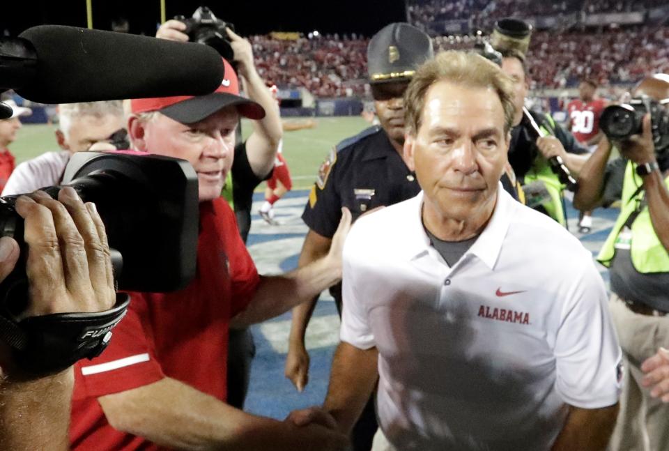 Nick Saban didn’t look too thrilled in this shot after his team’s 37-point win. (AP Photo)