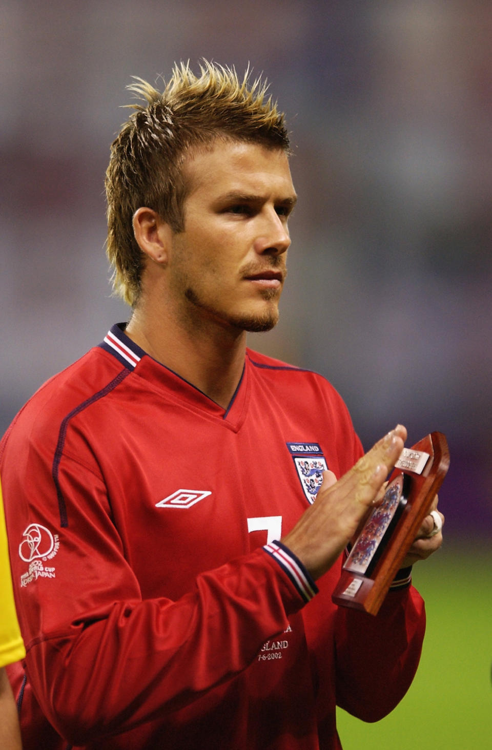 David Beckham is pictured before a soccer match at the Sapporo Dome on June 7, 2002