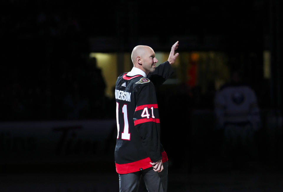 Former Ottawa Senators goaltender Craig Anderson takes part in a ceremony marking his retirement, before the team's NHL hockey game against the Buffalo Sabres on Tuesday, Oct. 24. 2023, in Ottawa, Ontario. (Sean Kilpatrick/The Canadian Press via AP)