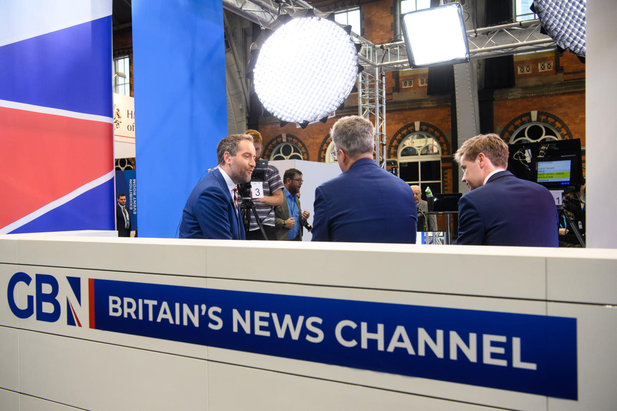 Broadcaster GB News live studio at the Conservative Party Conference in Manchester. Picture date: Monday October 4, 2021. Photo credit should read: Matt Crossick/Empics